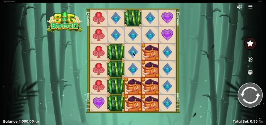 Big Bamboo demo base game: the 5x6 grid with a mystery bamboo stack on reel 3 and a 1,000 play-money balance