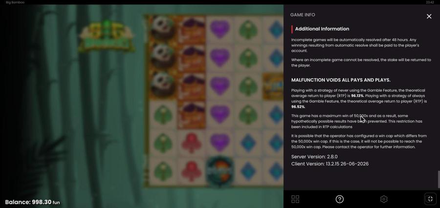 Big Bamboo demo game info panel stating RTP 96.13% without the gamble feature and 96.52% with it, and a 50,000x maximum win