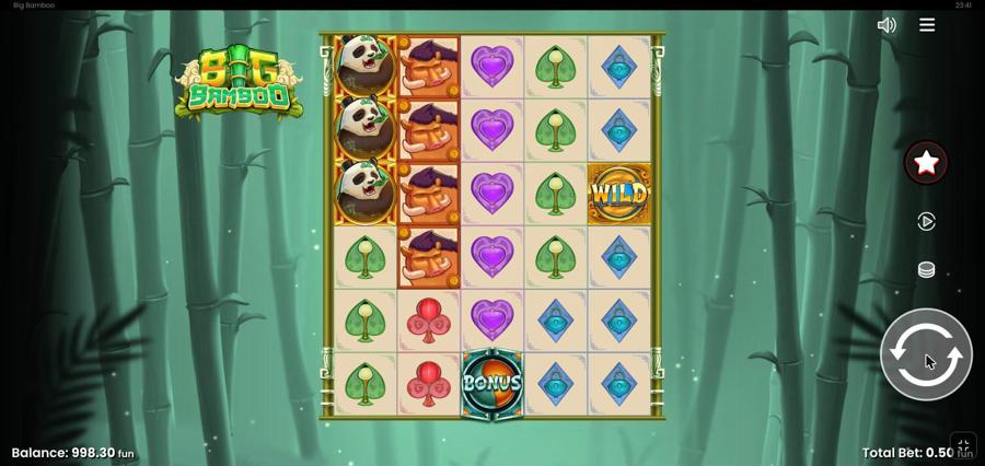 Big Bamboo demo after a spin: a revealed panda stack on reel 1, a gold Wild on reel 5 and a Bonus scatter on reel 3