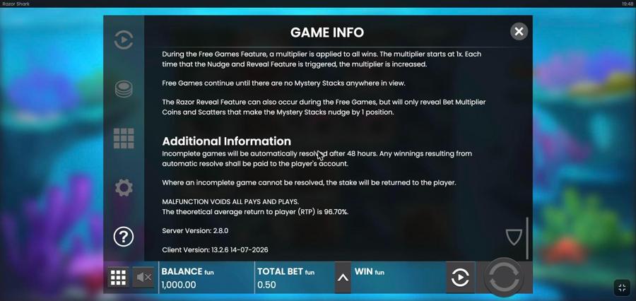 Razor Shark demo Game Info panel, Additional Information section, stating the theoretical average return to player is 96.70%, server version 2.8.0, client version 13.2.6 of 14 July 2026