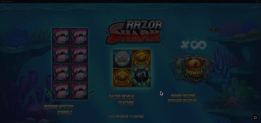 Razor Shark demo intro screen listing the three features: Nudging Mystery Symbols, the Razor Reveal Feature, and Nudging Free Spins with an increasing multiplier shown as x infinity